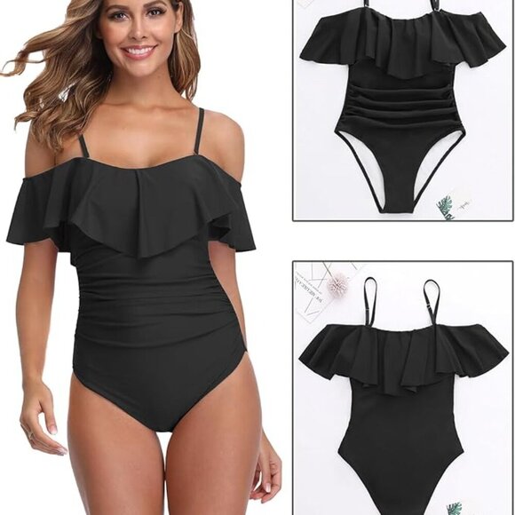 Womens Retro One Piece Bathing Suit Tummy Control Off Shoulder - Picture 1 of 6